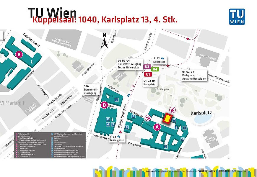 A map for how to get to Kuppelsaal from Resselpark, Karlsplatz.